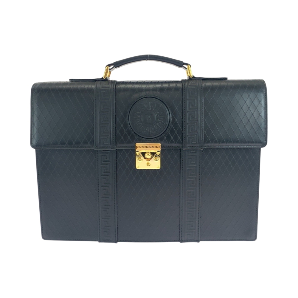 Gianni Versace Vintage Sunburst Black Leather Business Briefcase with Gold Ha...